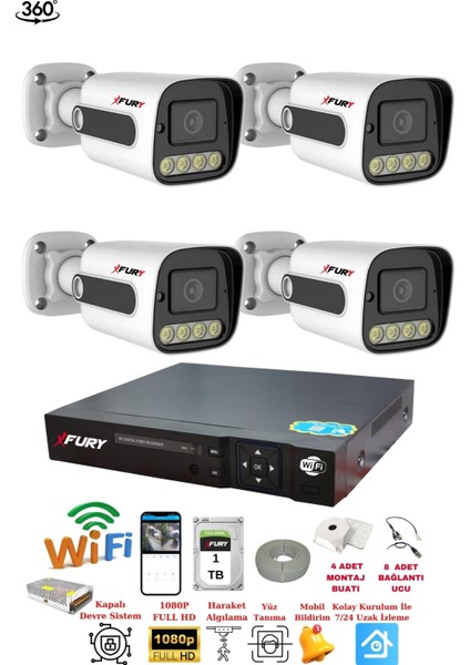 4 Kamera 1080P Görüntü Gece Renkli Full Hd 4xultra LED Gece Renkli Güvenlik Kamera Seti 1tb