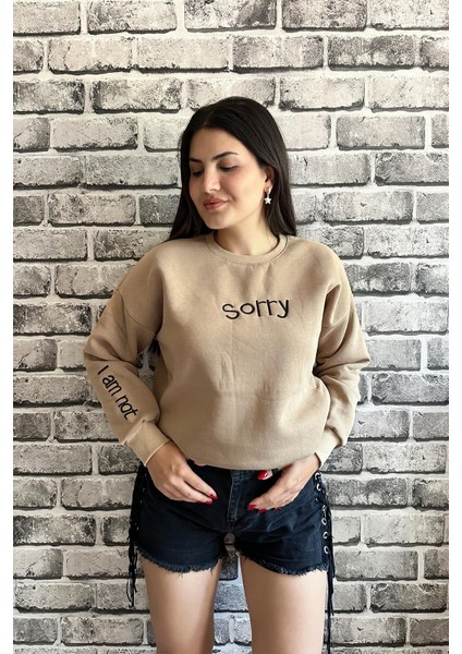 Bej Renk Sorry Baskılı 3 Iplik Unisex Sweatshirt