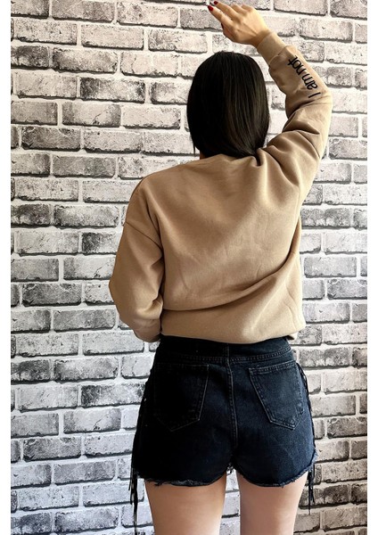 Bej Renk Sorry Baskılı 3 Iplik Unisex Sweatshirt modelleri