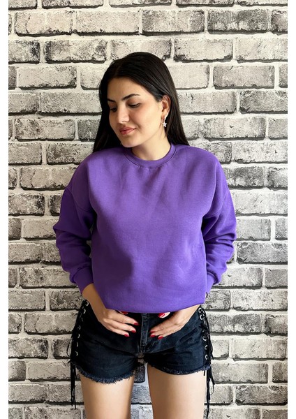 Mor Renk Baskısız 3 Iplik Unisex Sweatshirt