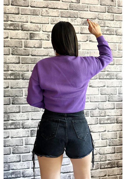 Mor Renk Baskısız 3 Iplik Unisex Sweatshirt modelleri