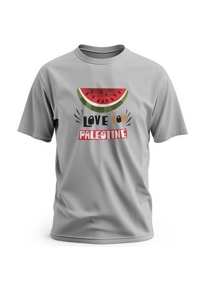 Tişört, Kısa Kollu, Love For Palestine, Yazılı Karpuz Tasarımlı Dijital Baskılı Pamuk T-Shirt