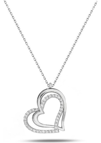 Diamond Model Special Çift Kalp Kadın Gümüş Kolye