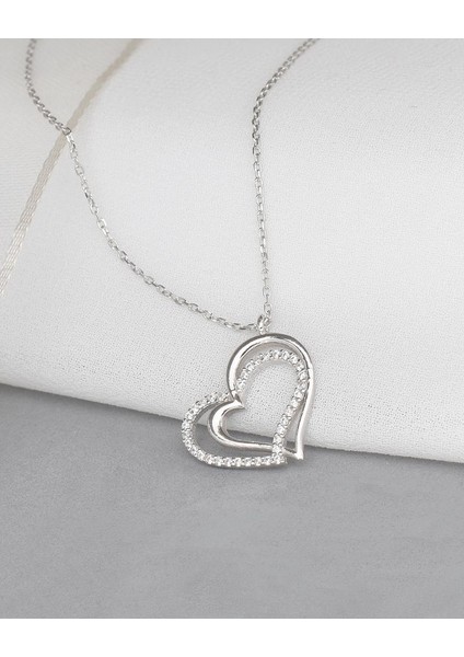 Diamond Model Special Çift Kalp Kadın Gümüş Kolye