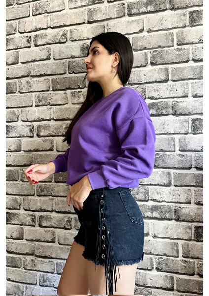 Mor Renk Baskısız 3 Iplik Unisex Sweatshirt