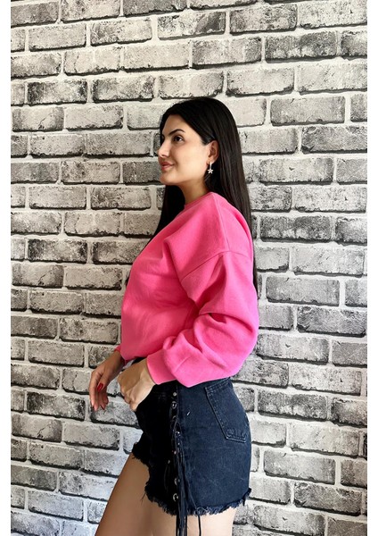 Fuşya Renk Baskısız 3 Iplik Unisex Sweatshirt