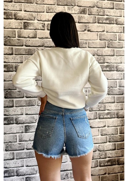 Beyaz Renk Baskısız 3 Iplik Unisex Sweatshirt modelleri