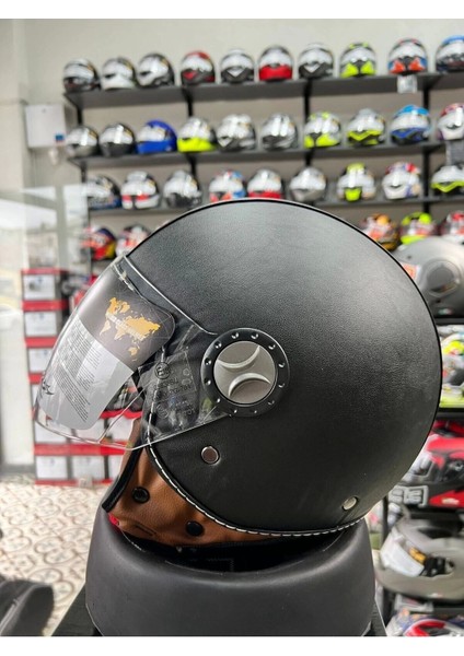 Sw 701 Siyah Deri Yarım Motosiklet Kaskı