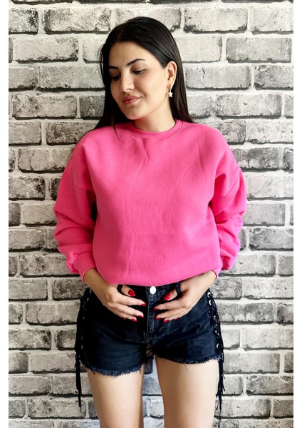 Fuşya Renk Baskısız 3 Iplik Unisex Sweatshirt