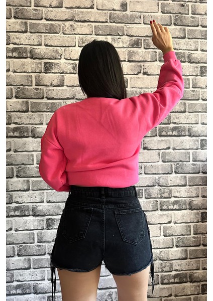Fuşya Renk Baskısız 3 Iplik Unisex Sweatshirt modelleri