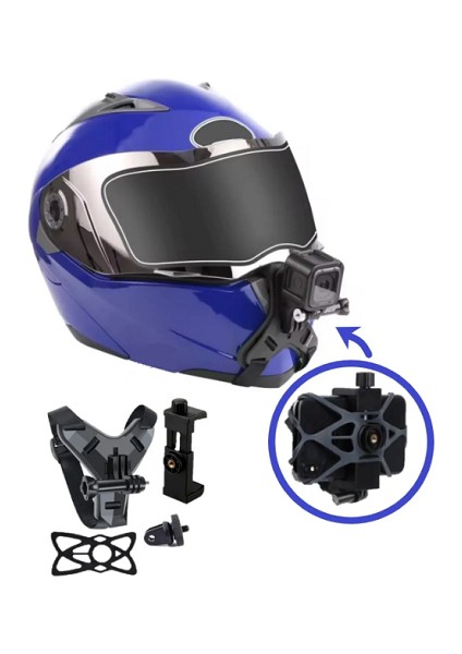 Motosiklet Kask Çene Bağlantılı Telefon ve Aksiyon Kamera Tutucu Full Set
