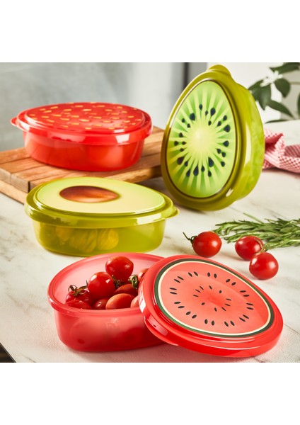 4 Lü Avokado Çilek Kivi Karpuz Meyve Desenli Saklama Kabı Seti Yeşil-Kırmızı