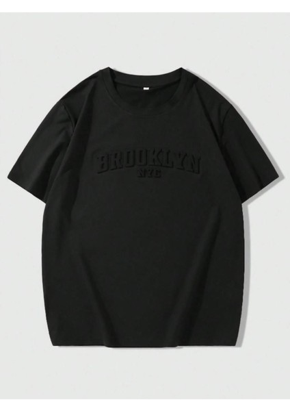 Erkek Siyah Brooklyn Kabartma Baskılı Oversize T-Shirt