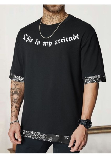 Erkek Siyah Attitude Baskılı Desenli Oversize T-Shirt