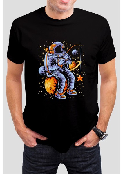 Astronot Baskılı Siyah Tişört C797