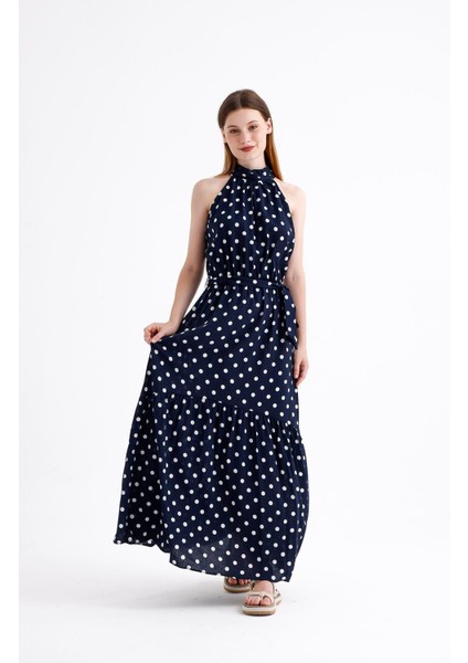 Halter Yaka Beli Bağcıklı Lastikli Puantiye Desenli Maxi Elbise