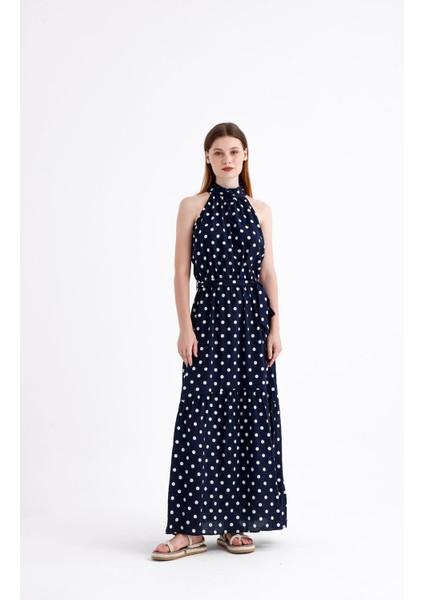 Halter Yaka Beli Bağcıklı Lastikli Puantiye Desenli Maxi Elbise