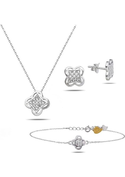 Swarovski Taşlı Elegant Yonca Kadın Gümüş Kolye Küpe Bileklik Set