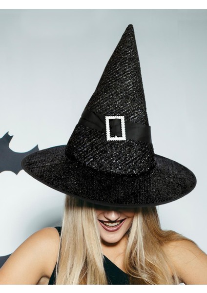 Cadılar Bayramı Simli Cadı Şapkası Halloween Parti Kostüm Aksesuarı Siyah