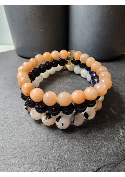 Yıldız Taşı, Güneş Taşı ve Ay Taşı Orjinal Doğal Taş Kadın Takım Bileklik - Gökyüzü Serisi / Azim, Neşe, Duygusal Denge