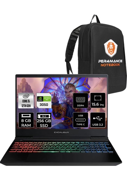 Excalibur Intel Core I5 12450H 8gb 256GB SSD RTX3050/4GB 15.6" Fhd 144Hz Fdos Taşınabilir Bilgisayar G770.1245-BVJ0X-B & Per4 Çanta G7701245BVJ0XBP301