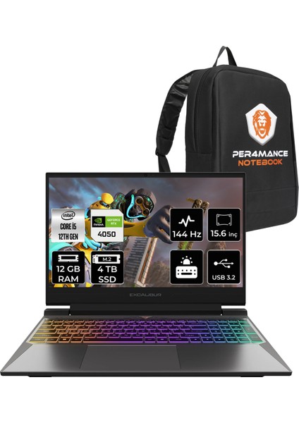 Excalibur Intel Core I5 12450H 12GB 4tb SSD RTX4050/6GB 15.6" Fhd 144Hz Fdos Taşınabilir Bilgisayar G870.1245-BFA0X-B & Per4 Çanta G8701245BFA0XBP310