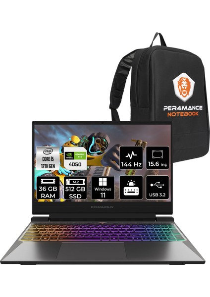 Excalibur Intel Core I5 12450H 36GB 512GB SSD RTX4050/6GB 15.6" Fhd 144Hz W11H Taşınabilir Bilgisayar G870.1245-BFA0X-B & Per4 Çanta G8701245BFA0XBP382