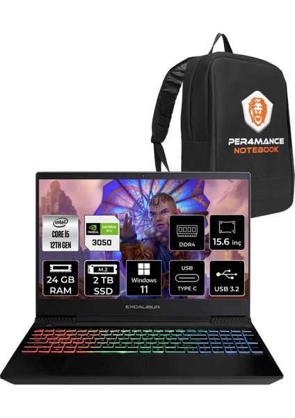 Excalibur Intel Core I5 12450H 24GB 2tb SSD RTX3050/4GB 15.6" Fhd 144Hz W11H Taşınabilir Bilgisayar G770.1245-BVJ0X-B & Per4 Çanta G7701245BVJ0XBP374