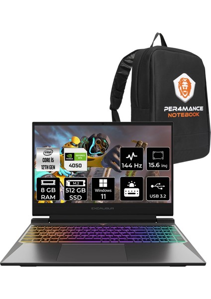 Excalibur Intel Core I5 12450H 8gb 512GB SSD RTX4050/6GB 15.6" Fhd 144Hz W11H Taşınabilir Bilgisayar G870.1245-BFA0X-B & Per4 Çanta G8701245BFA0XBP352