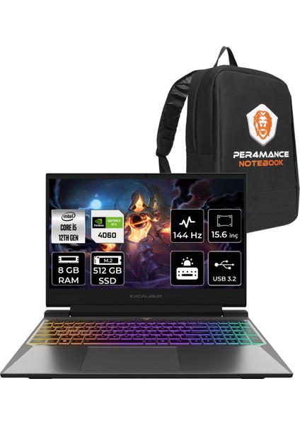 Excalibur Intel Core I5 12450H 8gb 512GB SSD RTX4060/8GB 15.6" Fhd 144Hz Fdos Taşınabilir Bilgisayar G870.1245-DFB0X-B & Per4 Çanta G8701245DFB0XBP302