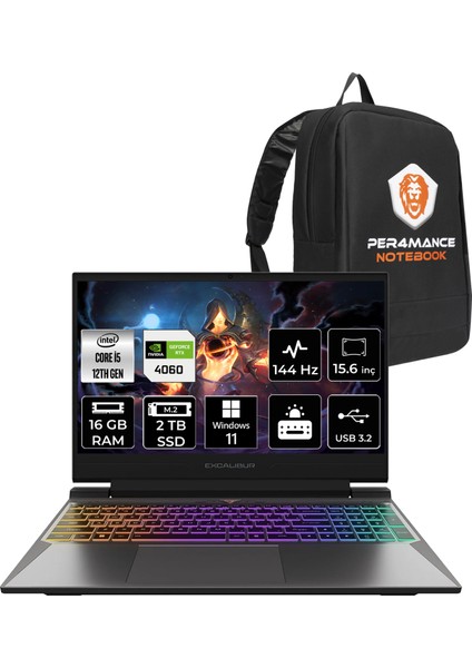 Excalibur Intel Core I5 12450H 16GB 2tb SSD RTX4060/8GB 15.6" Fhd 144Hz W11H Taşınabilir Bilgisayar G870.1245-DFB0X-B & Per4 Çanta G8701245DFB0XBP364