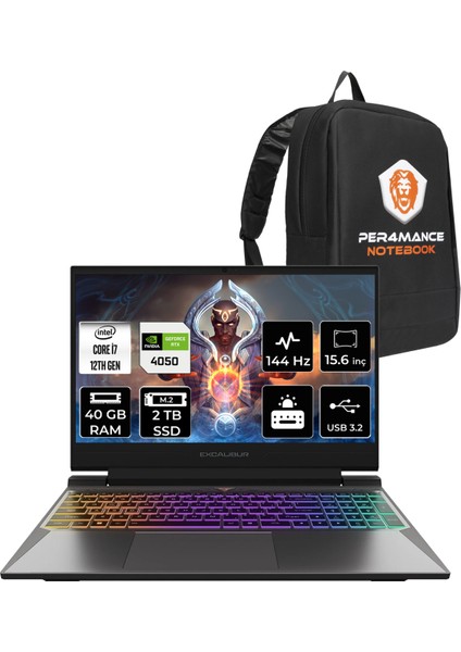 Excalibur Intel Core I7 12650H 40GB 2tb SSD RTX4050/6GB 15.6" Fhd 144Hz Fdos Taşınabilir Bilgisayar G870.1265-DFA0X-B & Per4 Çanta G8701265DFA0XBP339