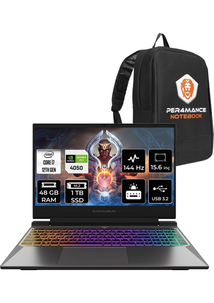 Excalibur Intel Core I7 12650H 48GB 1tb SSD RTX4050/6GB 15.6" Fhd 144Hz Fdos Taşınabilir Bilgisayar G870.1265-DFA0X-B & Per4 Çanta G8701265DFA0XBP343