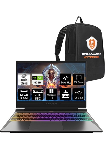 Excalibur Intel Core I7 12650H 12GB 2tb SSD RTX4050/6GB 15.6" Fhd 144Hz W11H Taşınabilir Bilgisayar G870.1265-DFA0X-B & Per4 Çanta G8701265DFA0XBP359