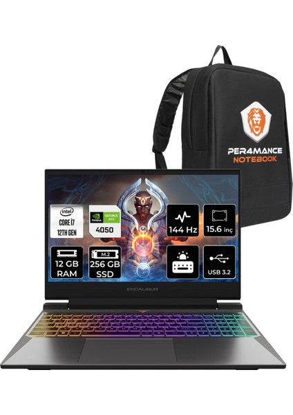 Excalibur Intel Core I7 12650H 12GB 256GB SSD RTX4050/6GB 15.6" Fhd 144Hz Fdos Taşınabilir Bilgisayar G870.1265-DFA0X-B & Per4 Çanta G8701265DFA0XBP306