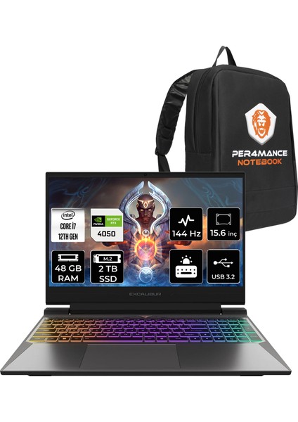 Excalibur Intel Core I7 12650H 48GB 2tb SSD RTX4050/6GB 15.6" Fhd 144Hz Fdos Taşınabilir Bilgisayar G870.1265-DFA0X-B & Per4 Çanta G8701265DFA0XBP344