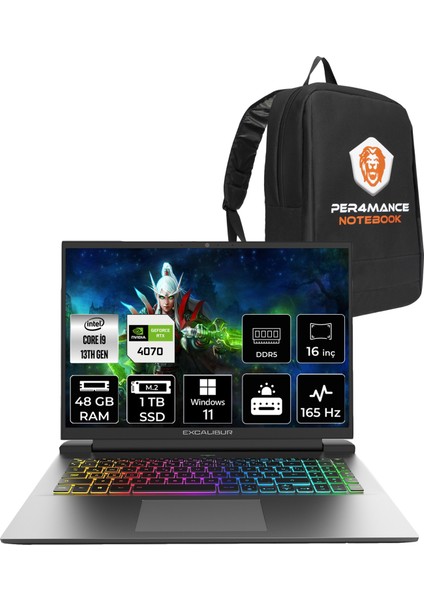 Excalibur Intel Core I9 13900HX 48GB 1tb RTX4070/8GB 16" Qhd 165Hz W11P Taşınabilir Bilgisayar G911.1390-EX70X-C & Per4 Çanta G9111390EX70XCP408