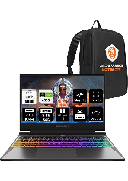 Excalibur Intel Core I7 12650H 12GB 2tb SSD RTX4050/6GB 15.6" Fhd 144Hz W11P Taşınabilir Bilgisayar G870.1265-DFA0X-B & Per4 Çanta G8701265DFA0XBP409