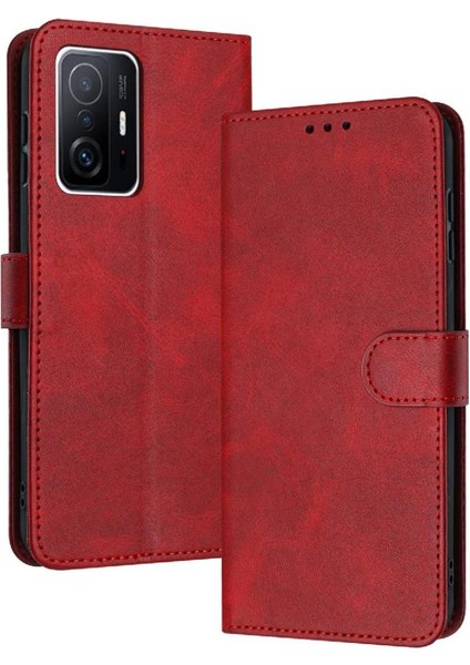 Xiaomi 11T/11T Pro Kickstand Saf Renk Pu Deri ile Flip Case (Yurt Dışından)