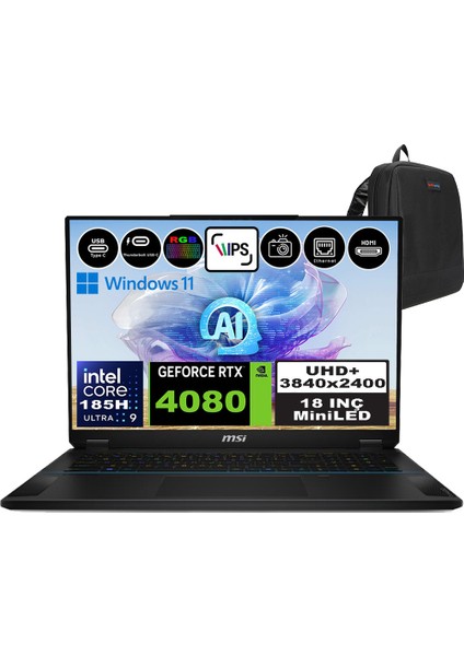 Msı Stealth 18 Aı Studıo Intel Core Ultra 9 185H 96GB 4tb + 4tb SSD RTX4080 Windows 11 Home 18" Uhd+ 120Hz Taşınabilir Bilgisayar A1VHG035TRH12 + Zetta Çanta