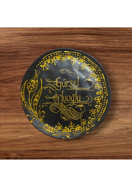 St Creatıve Kişiye Özel Tasarımlı, Gold-Silver Kaligrafi Sanatı Ile Yazılı Hediyelik Siyah Porselen Tabak