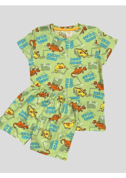 Elmas Kids Erkek Çocuk  Pamuklu Yeşil Dinozor Desenli Kısa Kollu Şortlu Yazlık Pijama Takım