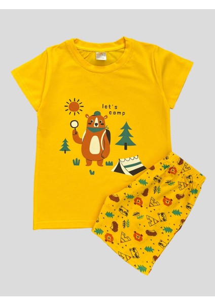 Erkek Çocuk Pamuklu Ayıcık Çadır Kamp Desenli Sarı Kısa Kollu Şortlu Yazlık Pijama Takımı