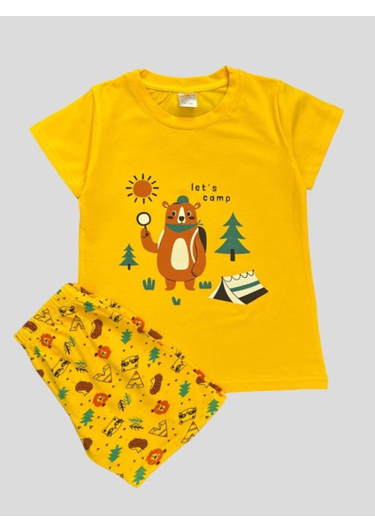 Erkek Çocuk Pamuklu Ayıcık Çadır Kamp Desenli Sarı Kısa Kollu Şortlu Yazlık Pijama Takımı