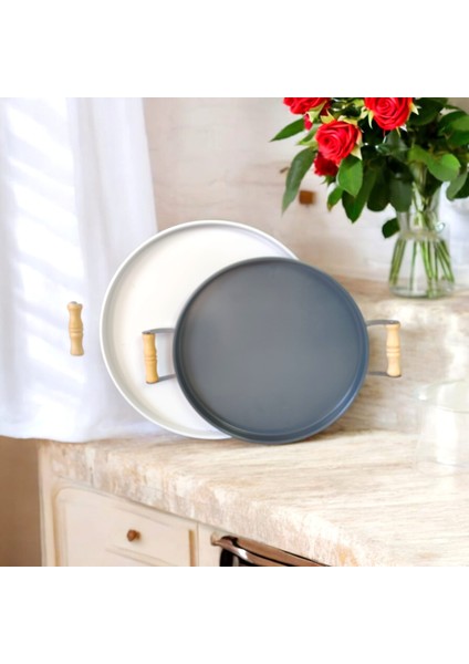 Tepsi Seti -Ahşap Kulplu Metal Çay Tepsisi Kahve Tepsisi Sunum Kahvaltı 2'li Tepsi Seti 30-37 cm