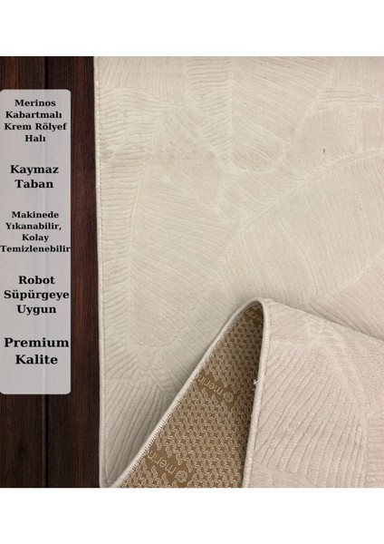 Leaf Kaymaz Taban Rölyef Yapraklı Krem Halı modelleri