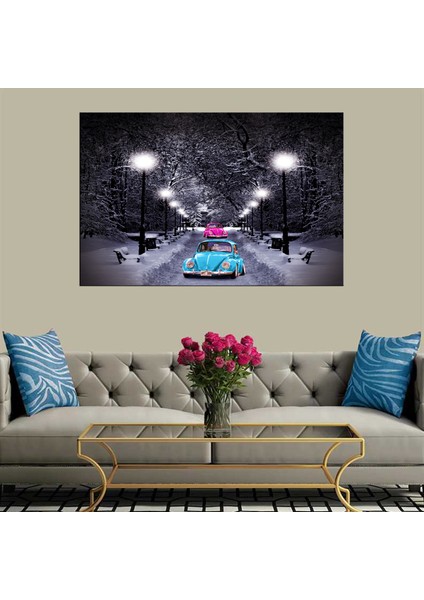 Dekoratif Duvar Aksesuarı Baskı Kar Altında Mavi Araba Kanvas Tablo