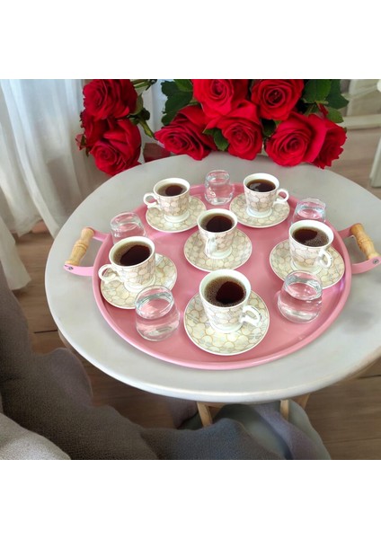 Tepsi Ahşap Kulplu Metal Çay Tepsisi Kahve Tepsisi Sunum Kahvaltı 40 cm Tepsi
