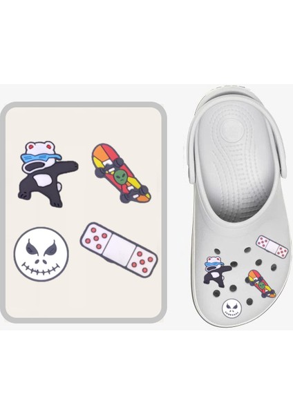 Terlik Süsü Paketi 4'lü Jibbitz Eğlenceli Figürler (Panda, Kaykay, Halloween Face, Oyun Konsolu)