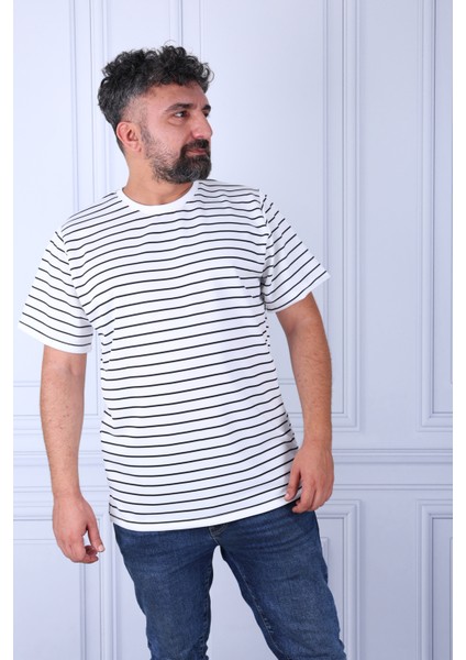 Tişört Unisex Over Size Çizgili Bisiklet Yaka Yırtmaçlı Kaliteli Ürün